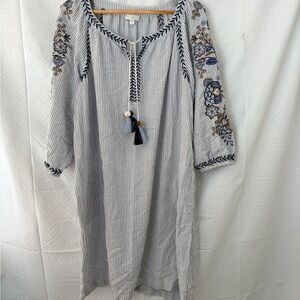 J. Jill Blue and White Embroidered Long Sleeve Dress